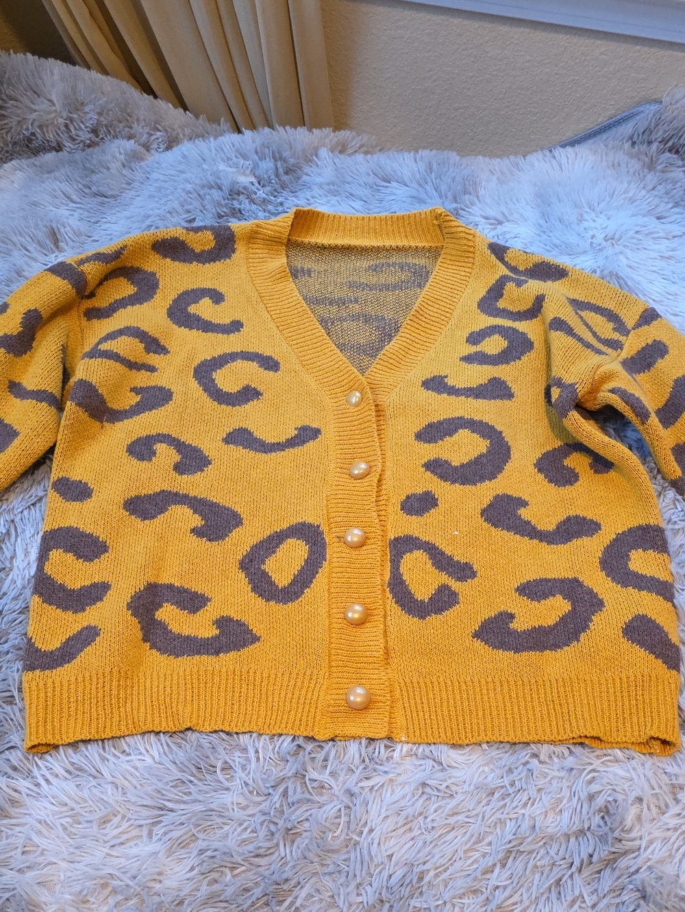 SHEIN Yellow and Brown Leopard Print Button-Front Cardigan
